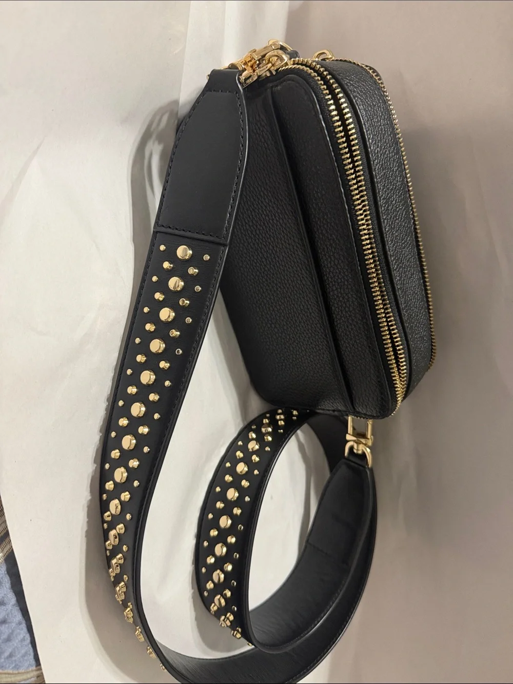 Michael Kors Black Pebbled Leather Crossbody Camera Bag with Gold Stud Strap
